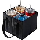 HOHITIAL 4 Cup Drink Carrier Bag, Insulated Caddy with Adjustable Dividers | 600D Oxford, For food delivery, coffee runs, takeout, road trips and parties, fits coffee, boba, soda and bottles up to 30oz
