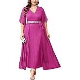 ZOMVA Plus Size Formal Dress V Neck Chiffon Handkerchief Sleeve Mother of Bride Dresses Wedding Guest Party Evening Gown