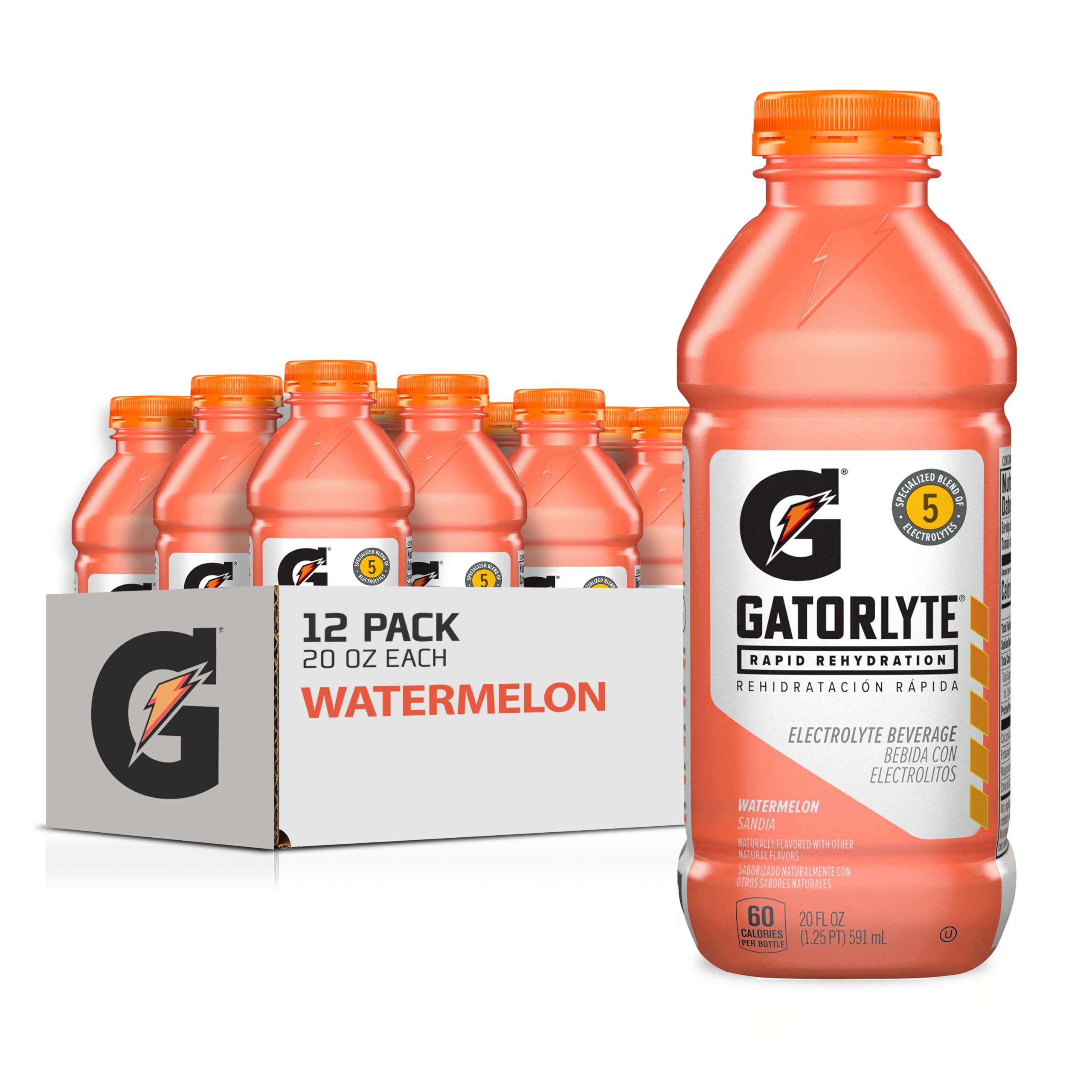 Gatorlyte Rapid Rehydration Electrolyte Drink, Watermelon, Specialized Blend of 5 Electrolytes, Lower Sugar, No Artificial Sweeteners, No Artificial Flavors, 20 fl oz Bottles (12 Pack) Image