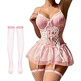 Foxiny Sexy Stocking Corset Babydoll Mesh Sheer Lace Up Ruffle Underwire Garter Lingerie with Thong Set 3 Piece