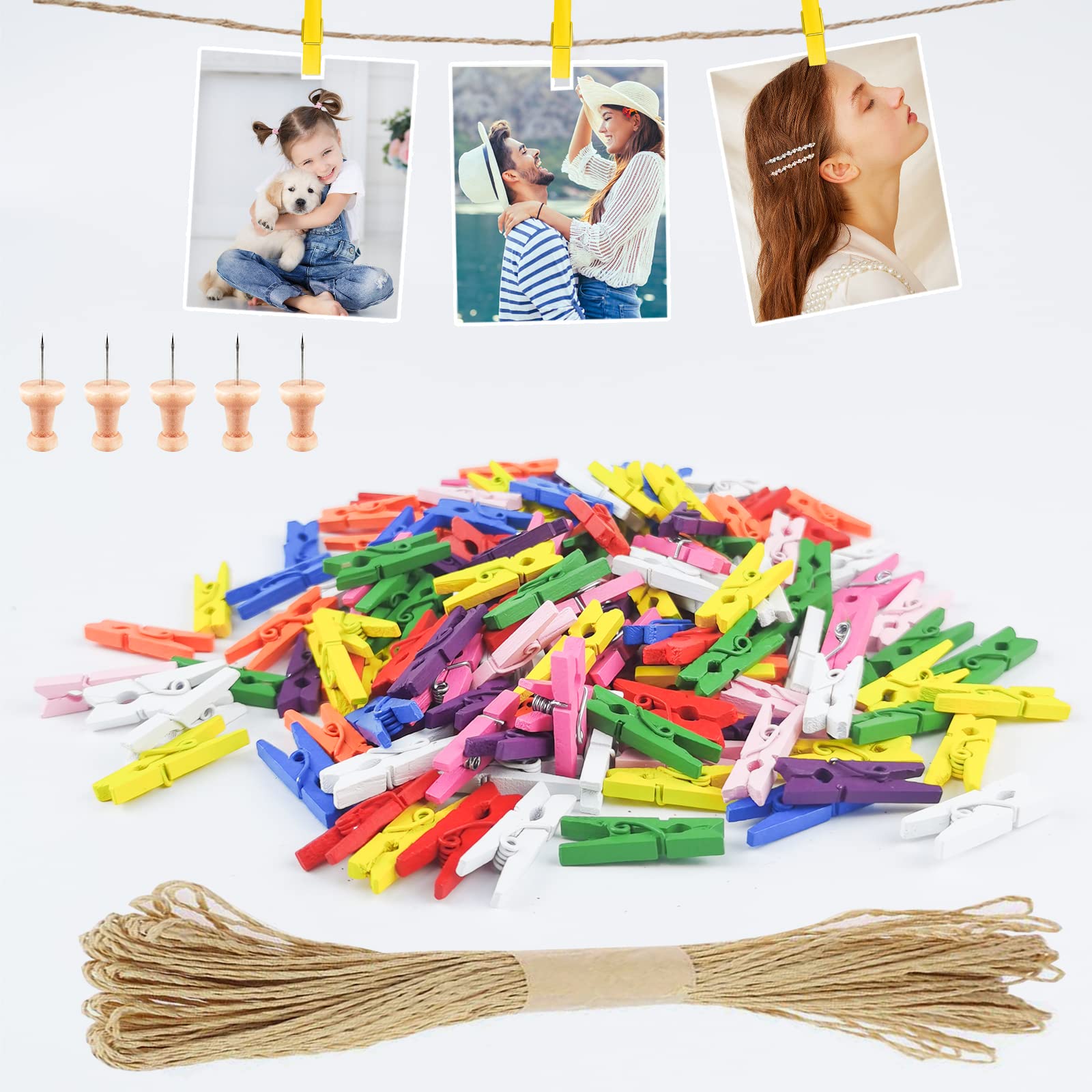 Furuising 150Pcs Colour Mini Wooden Pegs, Natural Photo Craft Pegs with 10M Jute String for Wall Display, Wedding, Party