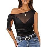 Pink Queen Women Summer Mesh Sheer Tops Self Tie Off The Shoulder Sexy Going Out T Shirts Blouse 2026