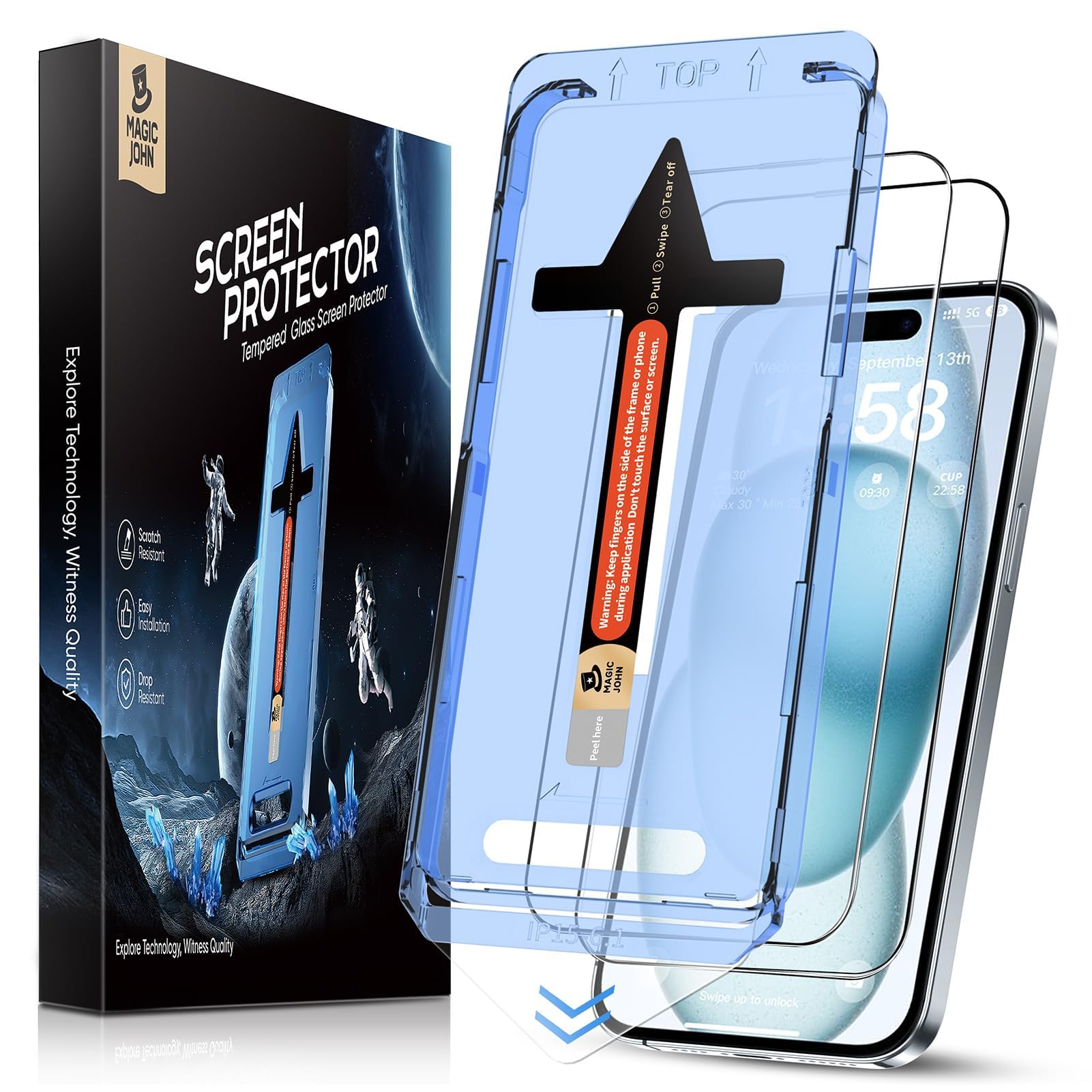MAGIC JOHN 2 Pack for iPhone 15 Tempered Glass Screen Protector 6.1 inch, Auto Dust-Elimination Installation, Bubble Free, Dynamic Island Compatible, HD Clear, Easy Installation, Anti-Scratch