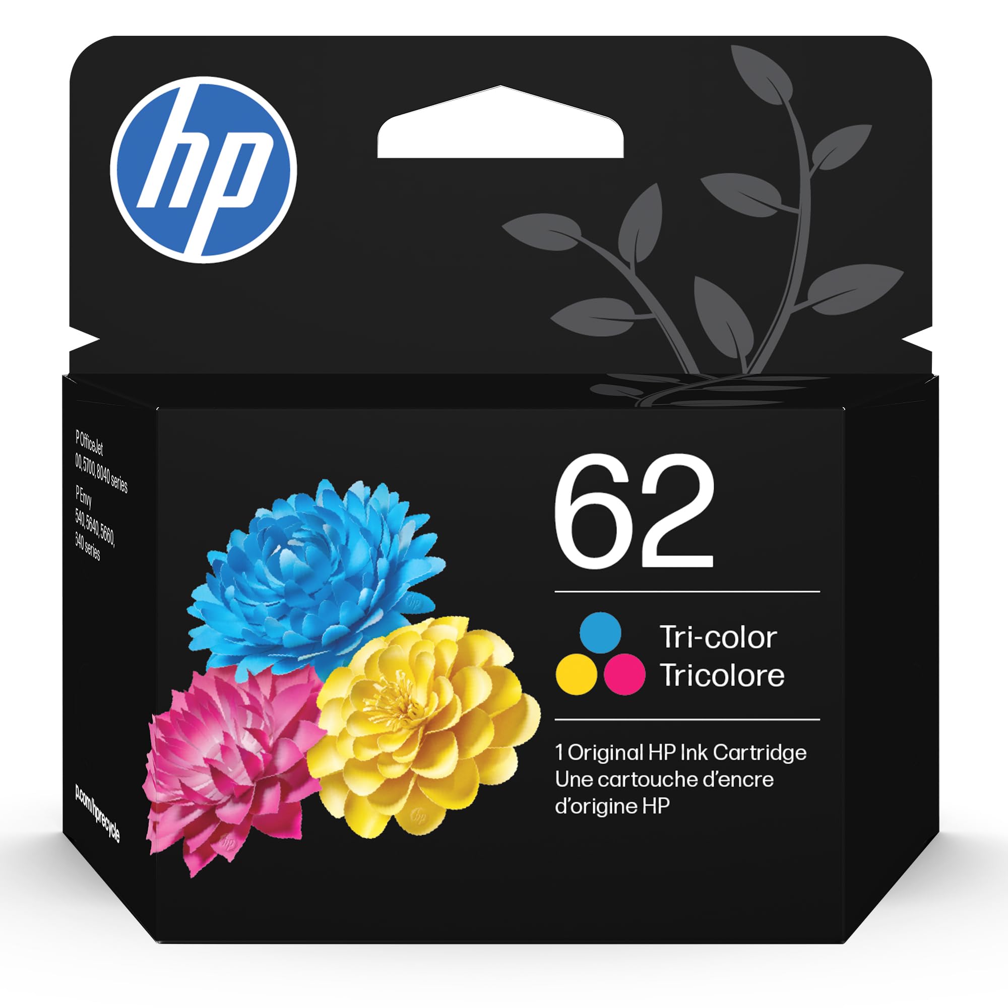 Cartucho de tinta tricolor HP 62 | Funciona con series de impresoras: Envy 5540, 5640, 5660, 7640, OfficeJet 5740, 8040, OfficeJet Mobile 200, 250 | Elegible para tinta instantánea| C2P06AN | El embalaje puede variar