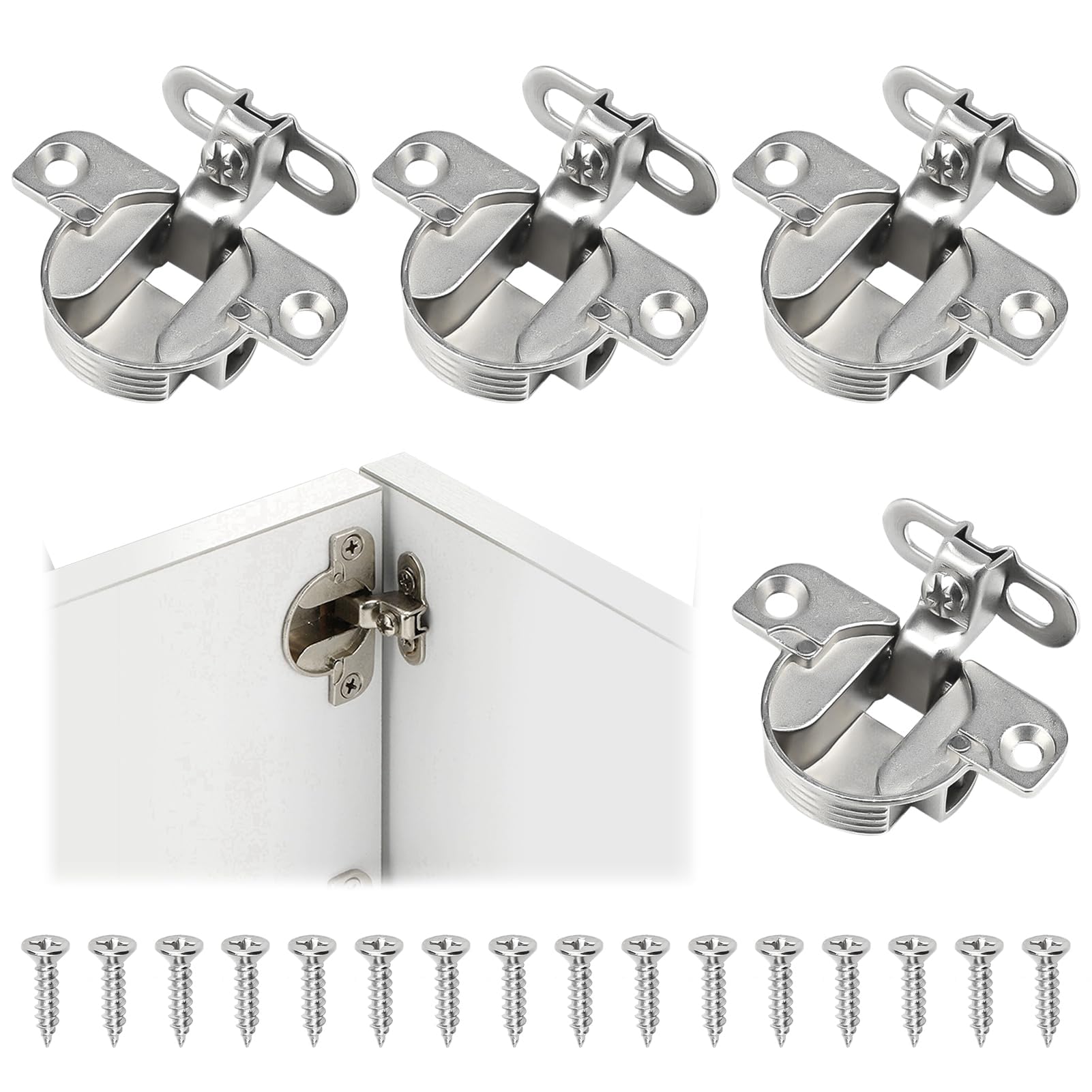 4 Pcs 180 Degree Adjustable Cabinet Hinges Set, Premium Heavy-Duty Alloy Soft-Close Hardware, Durable Concealed Invisible Hinges for Kitchen Wardrobe Bathroom Bookcase Cabinet Door (Silver Finish)