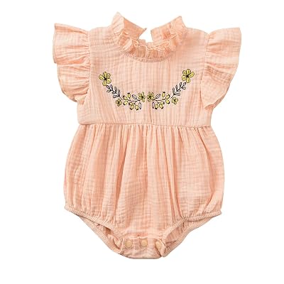 jkhhi Newborn Adorable Baby Girls Embroidery Printed Flying Sleeve Bodysuit Comfort Cotton Linen Romper Jumpsuit ShortsPink,6-9M