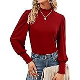 Qirno Womens Mock Neck Puff Long Sleeve Tops Casual Loose Solid Basic T Shirt Button Cuffs Pullovers Shirts Blouse