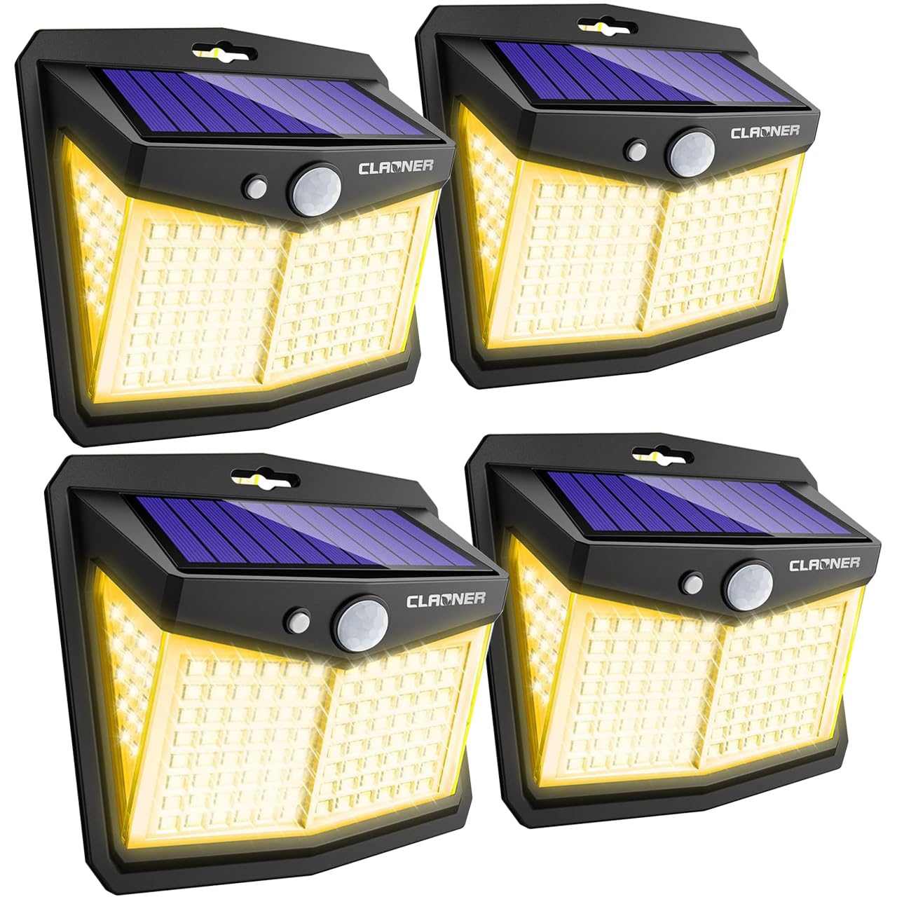 CLAONER Solar Powered Lights Outdoor, Upgraded Wireless 270° IP65 Solar Motion Sensor Security/Wall Light for Front Door, Yard, Garage, Garden, Warm White (4 Pack)
