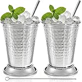 Peohud Set of 2 Mint Julep Cups, 12 Oz Hammered Stainless Steel Drinking Glasses with Straws, Silver Metal Cocktail Glasses for Party Bar Home Restaurant Beer Juice Beverage