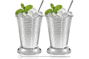 Peohud Set of 2 Mint Julep Cups, 12 Oz Hammered Stainless Steel Drinking Glasses with Straws, Silver Metal Cocktail Glasses f
