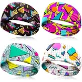 4 Pack 80s 90s Neon Headbands Outfit Accessories for Women Men Retro Vintage Fashion Sweatbands 90s Athletic Elastic Hairband for Hip Hop Party Style Hiking Cycling Running
