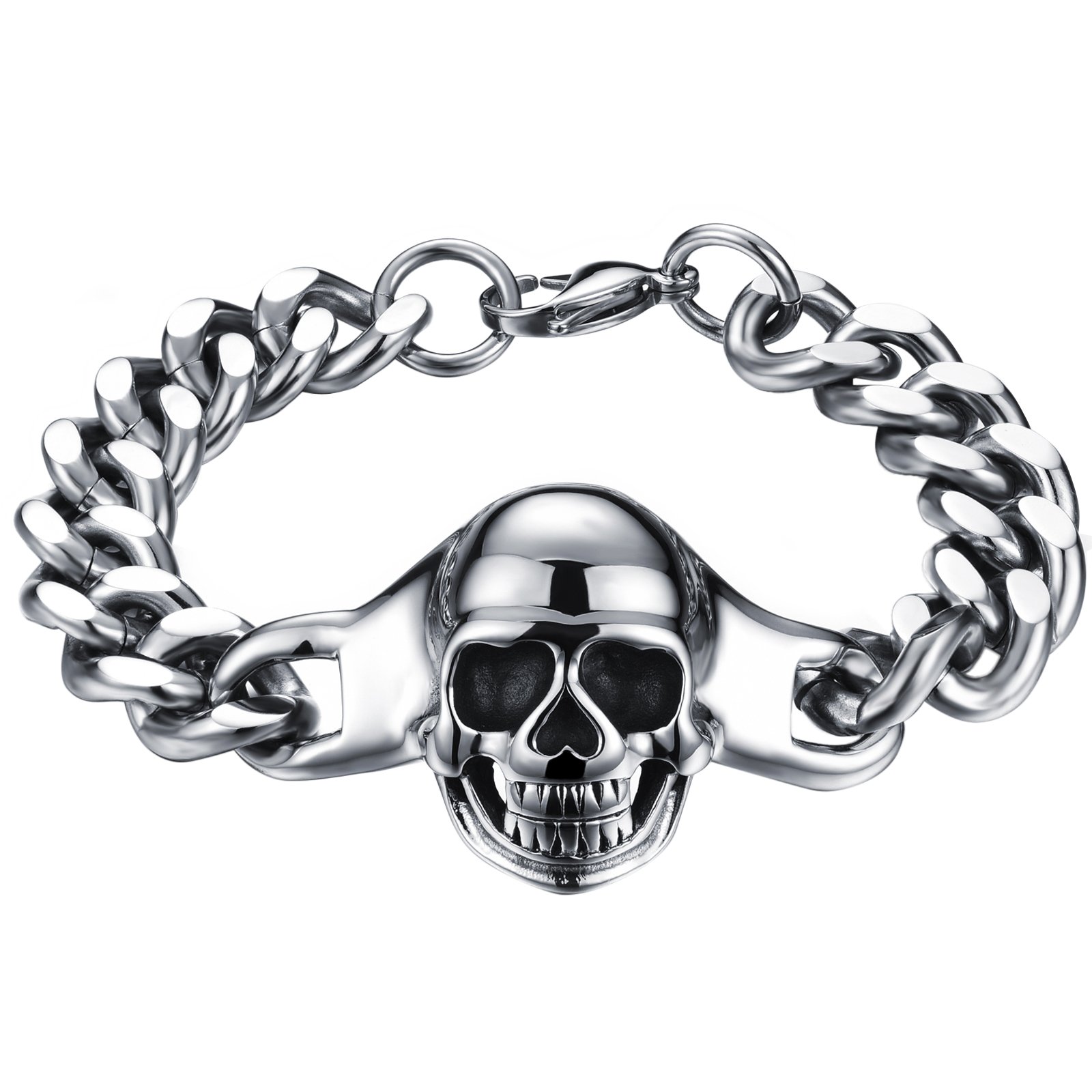 OIDEA Men's Biker Chain Bracelet Stainless Steel Skull Clasp Silver Argento 7
