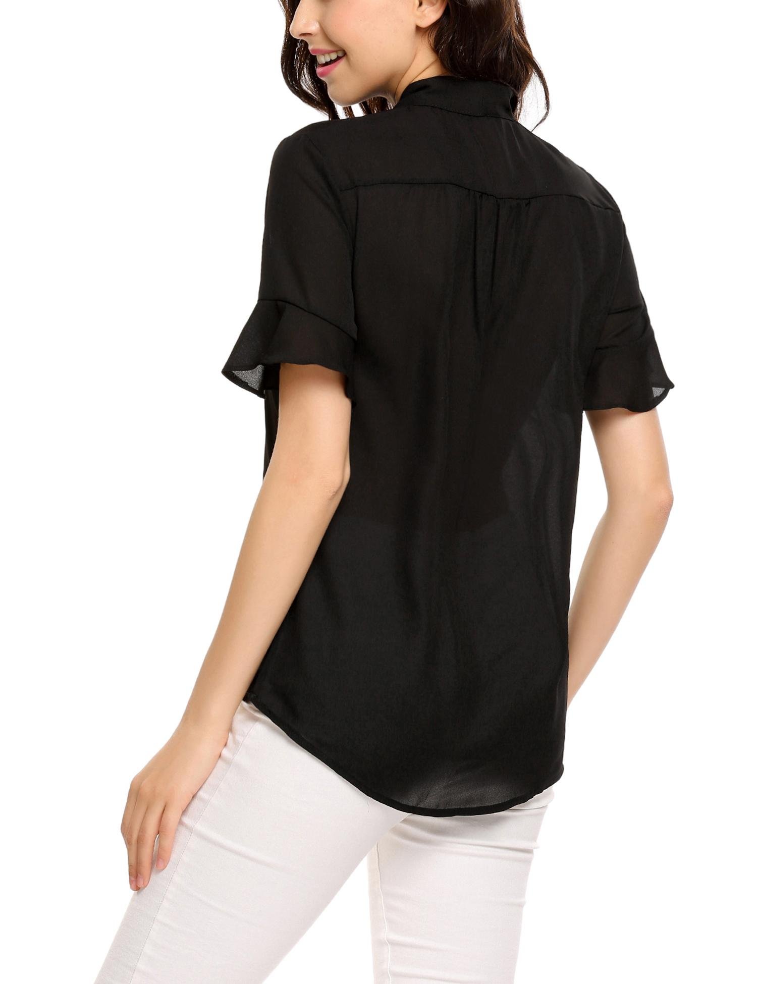 Women Elegant Chiffon Shirt Bow Tie Neck Elbow Sleeve Ruffle Solid Blouse Top Black/M