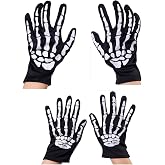 Yilistore Skeleton Gloves, 2 Pairs Set Bone Pattern Design for Men Women, Reaper Skull Gloves for Scary Halloween Costumes Black and White