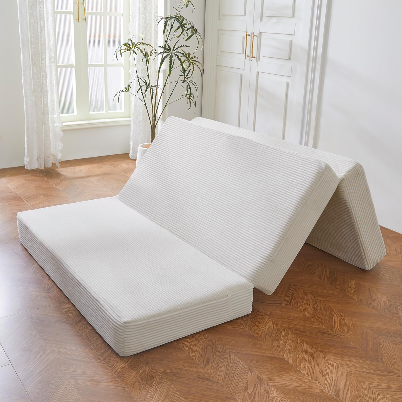 Photo 1 of **HEAVY DIRT FROM TRANSPORT **BYBYME Corduroy Tri-Folding Mattress, 6 Inch Gel Folding Mattress Topper, Foldable Soft Guest Bed Camping Pad, Washable Cover (Beige, Queen)