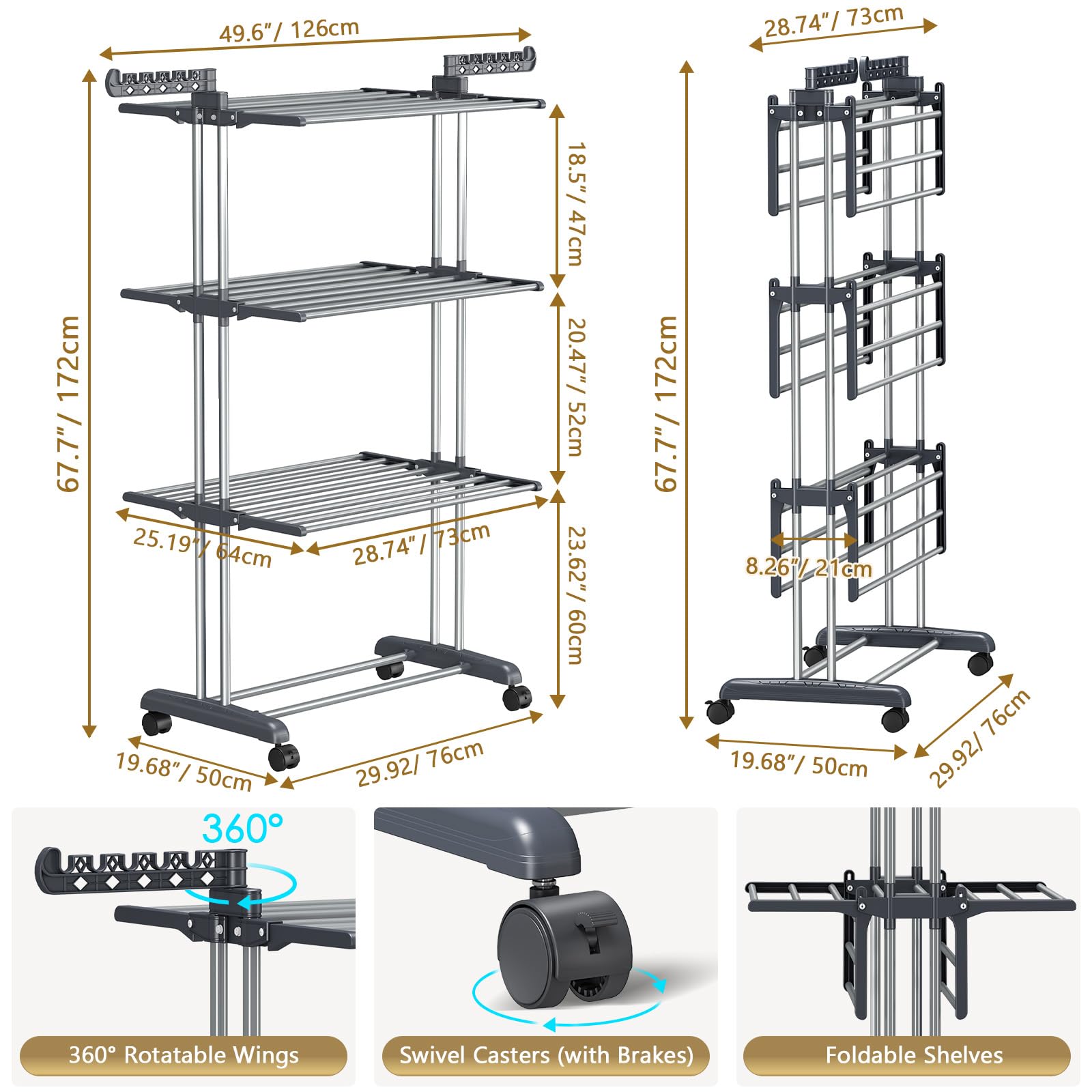 PurKeep Thicken & Durable Clothes Airer, Extra Large 4-Tier Capacity Foldable Clothes Drying Rack with Wheels, Stainless Steel Clothes Horse for Indoor/Outdoor Use in Bedroom, Laundry Room