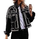 APAFES Women's Fashion Crop Fringe Denim Jacket Distressed Western Studded Black Trucker Jacket