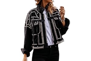 APAFES Women's Fashion Crop Fringe Denim Jacket Distressed Western Studded Black Trucker Jacket