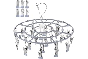 AOJSUP Clothes Drying Rack with 24 Clips, Stainless Steel Clothes Drying Hanger, Swivel Windproof Round Dry Rack, Heavy Duty Underwear Hanger for Indoor Outdoor Wet and Dry (Grey)