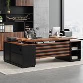 Epecoya Executive L-Shaped Desk with Storage Cabinet 78-Inch, Brown Black | Large Home Office Desks with Power Outlet and Lateral File Cabinet, Modern Computer Desk with Drawers and Open Shelf