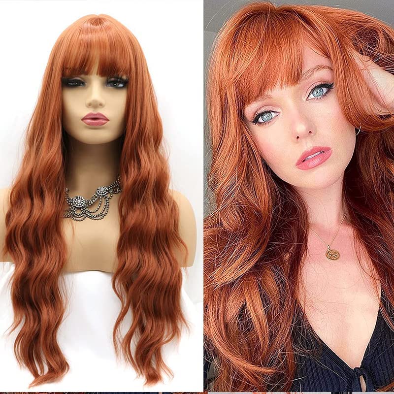 Xiweiya 350# Copper Red Wigs For Women Long Loose Curly Auburn Wig Blonde Reddish Wigs with Air Bangs Long cici Curly Length Auburn Red Synthetic Loose Wig — image 1
