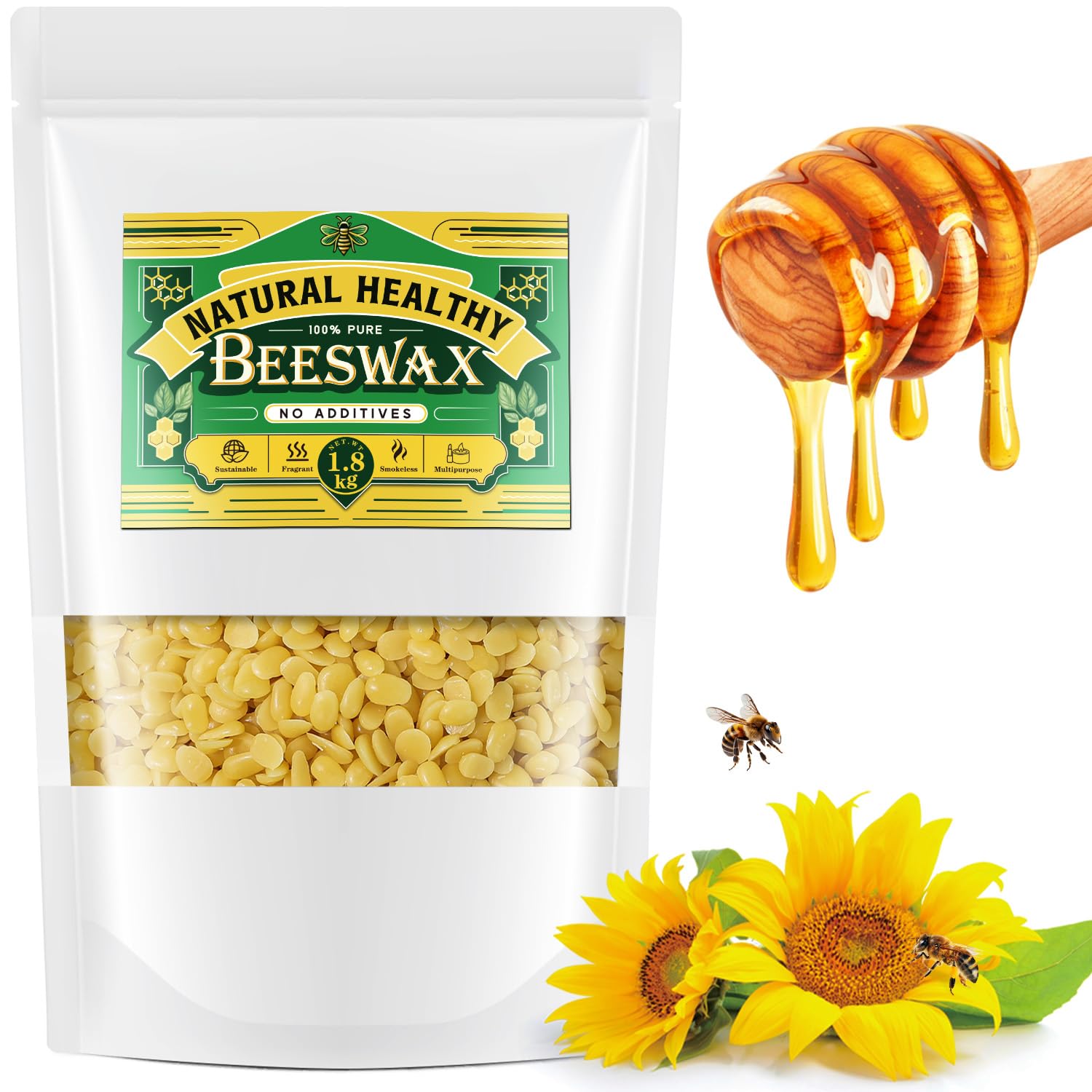 CHILLFLAME Beeswax Pellets 1800g, Yellow Beeswax from Organic Farm, Beeswax for Candle Making, Skin Care DIY, Lip Balm and Soap Making Supplies (1.8kg, Yellow)