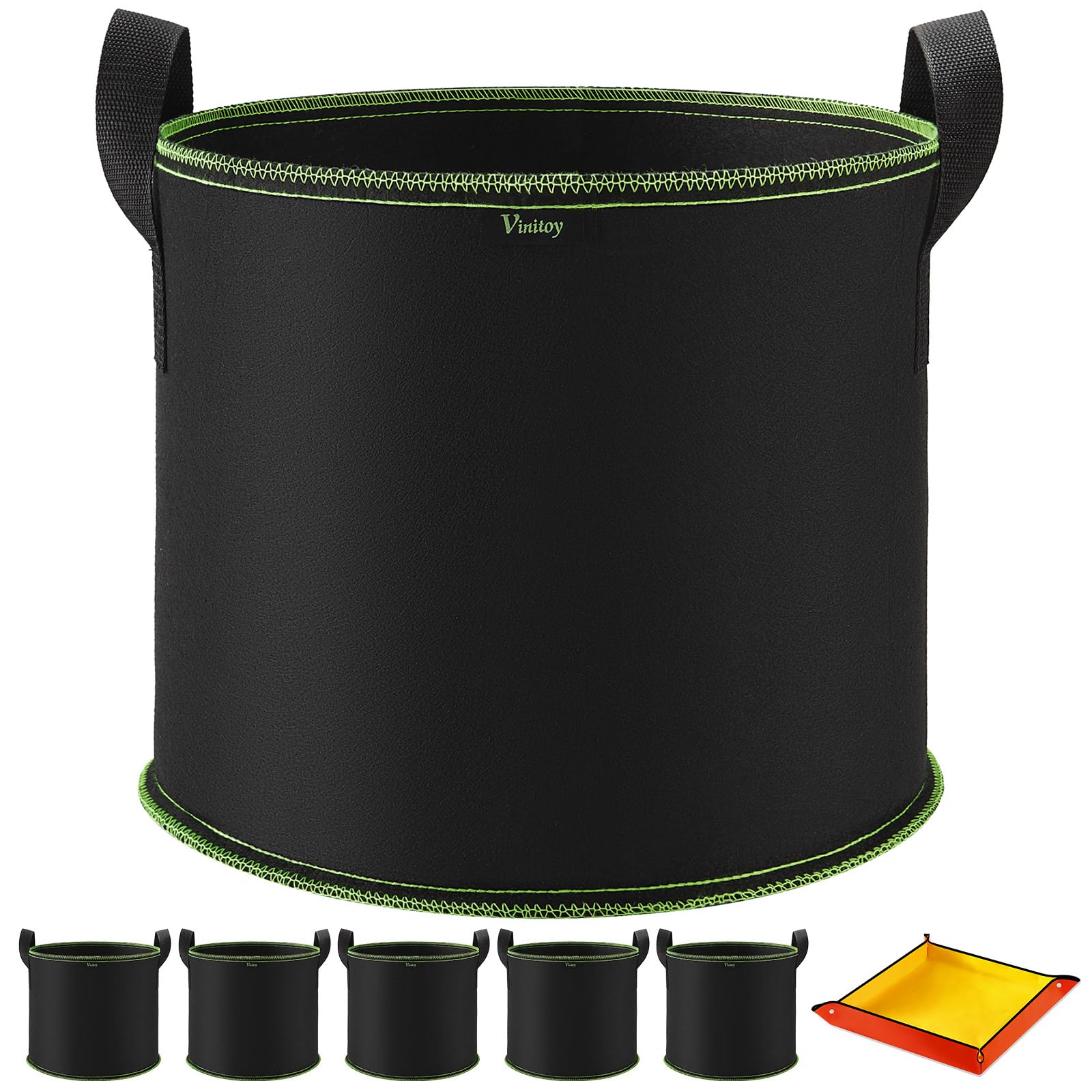 Vinitoy Grow Bags for Vegetables, 5 Pack 10 Gallon Heavy Duty Thickened Nonwoven Fabric Pots with Handles and 100cm x 100cm Potting Mat for Potatos, Tomatoes, Flowers and Plants, 40L