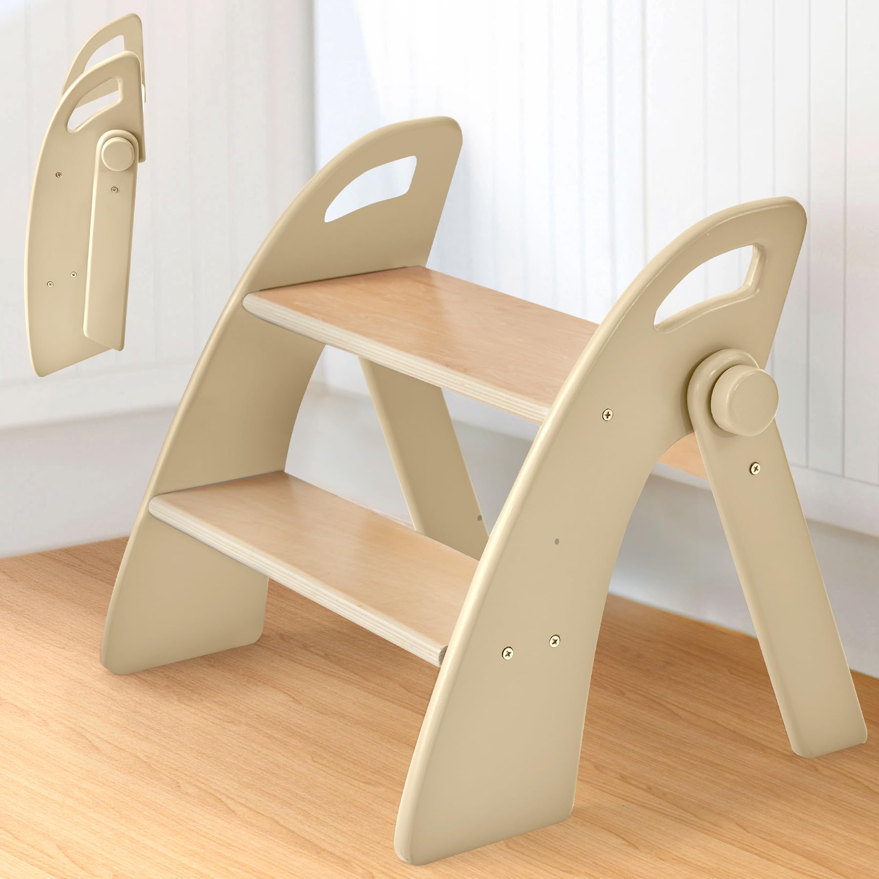 Photo 1 of Reeple Wooden Step Stool, 300 lb. Load Capacity, with Safety Non-Slip Pads and Handles, Bamboo Step Stool for Bathroom and Kitchen, Children's Double Height(Log Color)