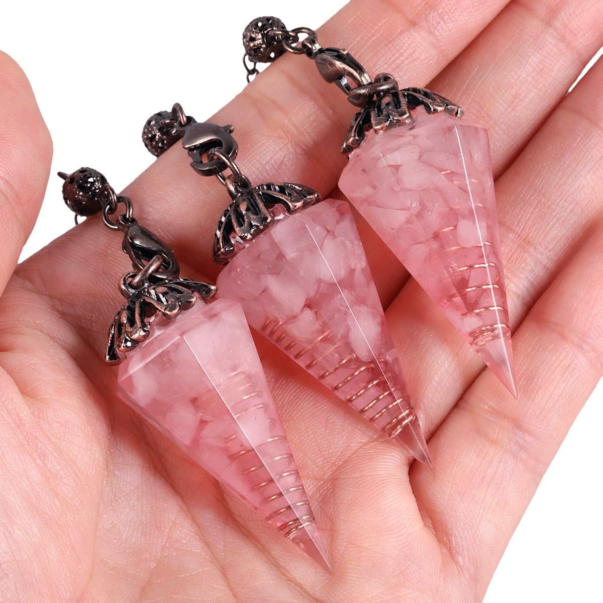 Nupuyai Rose Quartz Vintage Crystal Point Dowsing Pendulum for Divination Scrying Healing Faceted Hexagonal Resin Chip Stone Pendulum with Chain - Image 4