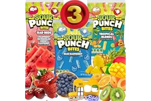 (PACK OF 3) Sour Punch Bites Straws 5oz Each Bag - Unique Variety Pack Rad Reds, Blue Raspberry, Tropical Blends - Blue Raspberry, Raspberry, Watermelon, Cherry, Strawberry, Strawberry Kiwi, Pineapple Orange, Peach Mango - Assorted Flavors - Chewy, Gummy, Sweet & Sour Candy - Come With One Resealable Candies ZipBag by Think Candy (All Flavors)