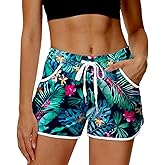 Deerose Women 4th of July Board Shorts Hawaiian Tropical Print Beach Swim Shorts with Pockets