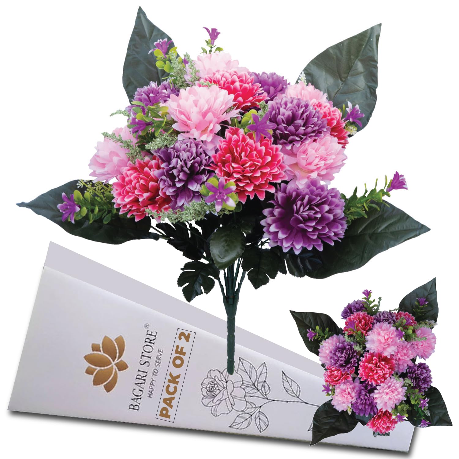 Bagari Artificial Flowers, Large Mixed Bush Grave Cemetery Flowers, 41cm Funeral Fake Flowers for Memorial Decoration, Hot Pink - Ivory & Wine Graveside Flowers for Outdoor & Indoor Floral Decoration