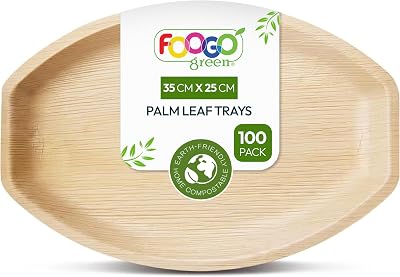 FOOGO Green 100 Disposable Palm Leaf Trays Large 14x10 Eco Friendly