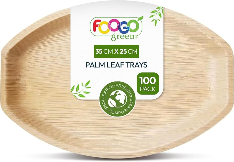 FOOGO Green 100 Disposable Palm Leaf Trays Large 14x10 Eco Friendly