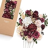 Ling's moment Fake Flowers Box, Faux Artificial Greenery Stems Foam Roses Gardenias Berries Silk Dahlia Fabic Flower for Centerpieces Bouquet Wedding Floral Vase, Marsala & Soft Peach, Deluxe Combo
