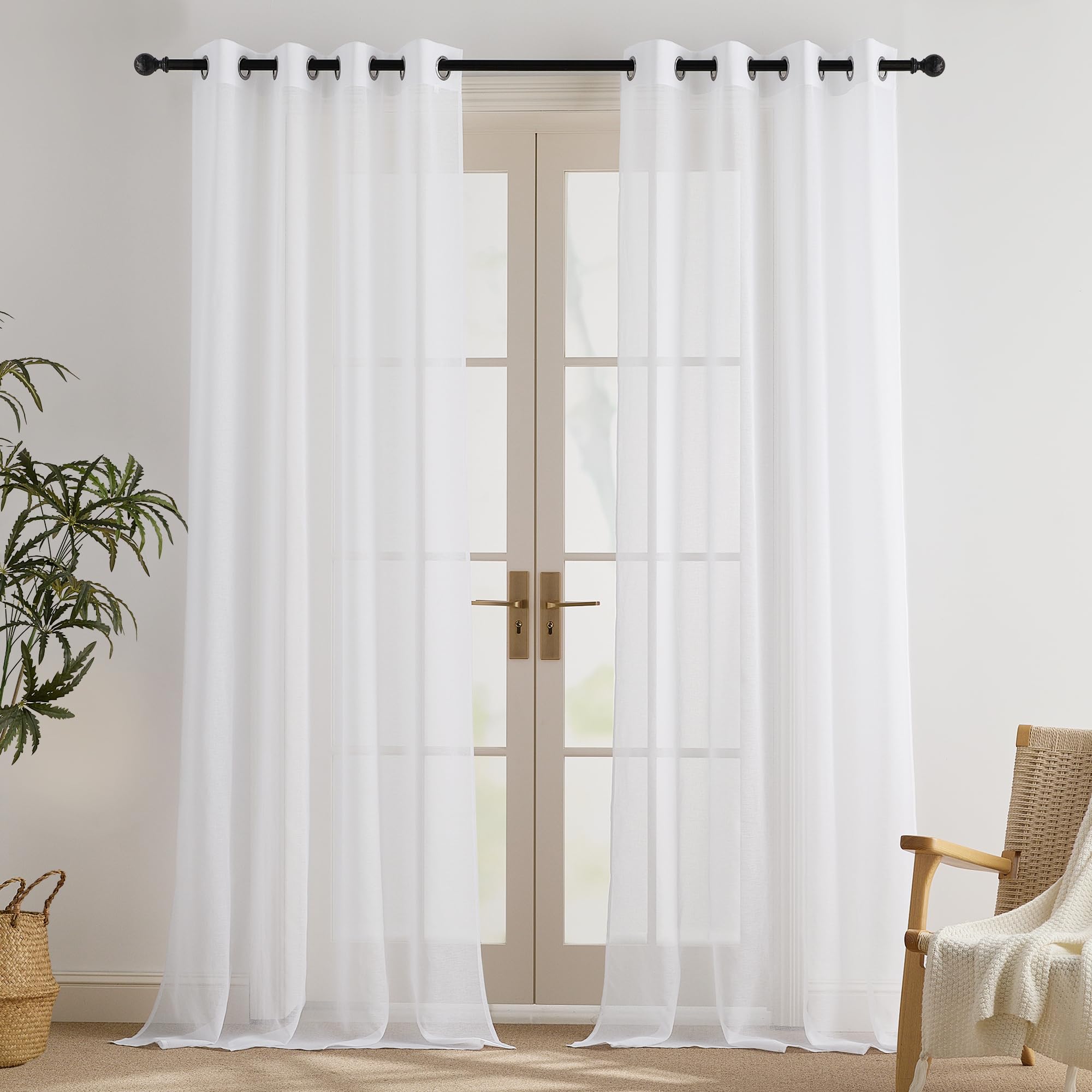 PONY DANCE Bedroom Curtain Linen Look Set of 2, Balcony Door Curtain White Semi-Transparent Linen Curtains with Eyelets Curtains Living Room, 55 x 96 Inch Drop