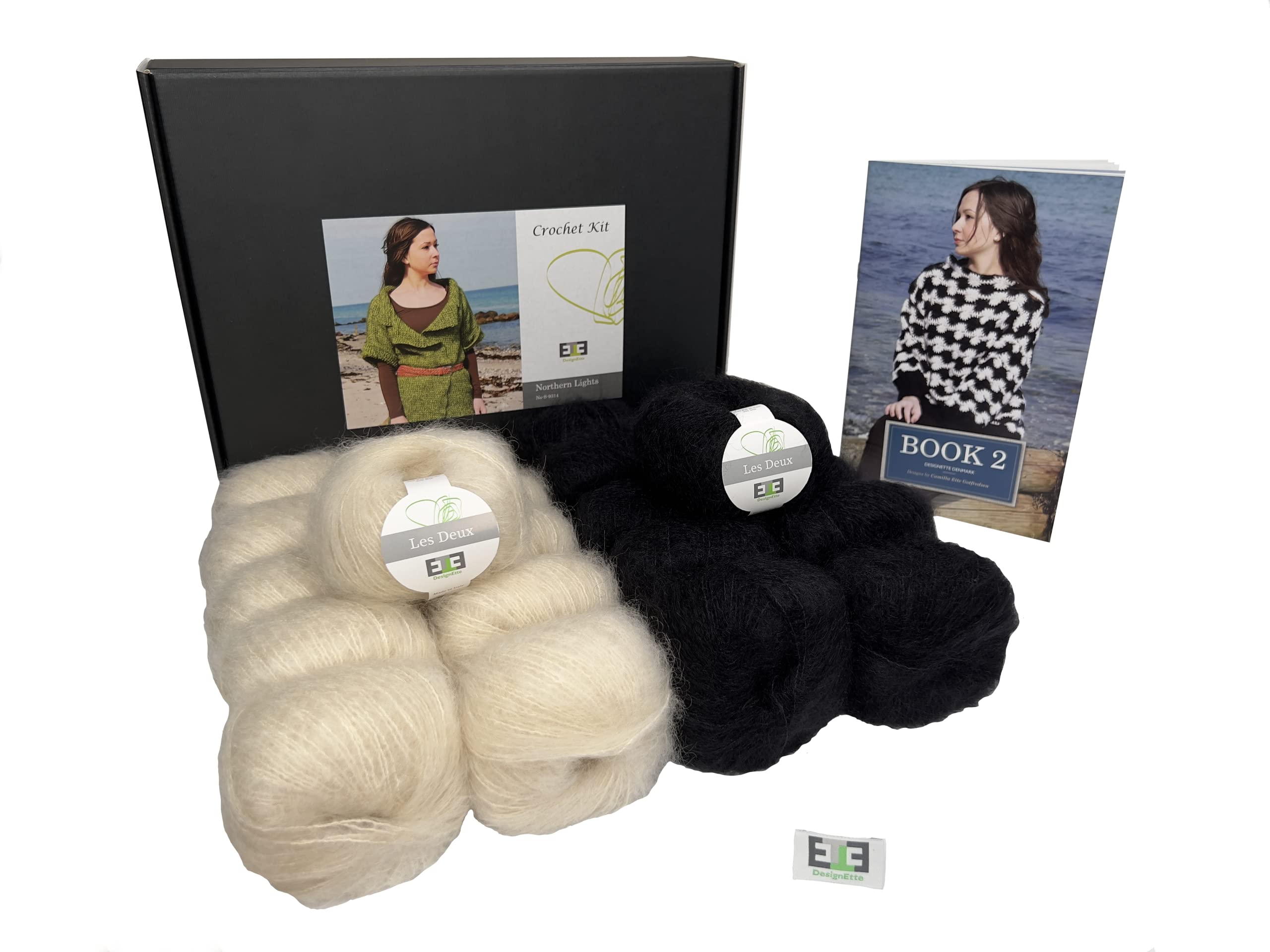 DesignEtte Northern Lights Crochet Cardigan Kit Pattern Book and Yarn Pack for Adults 100 Percent Pure Raw Silk 50g≈250m/4ply and Superkid Mohair 25g≈220m/2ply White, Ecru/Black, Medium