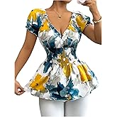 SOLY HUX Women's Floral Blouse V Neck Puff Sleeve Shirred Peplum Ruffle Hem Summer Tops