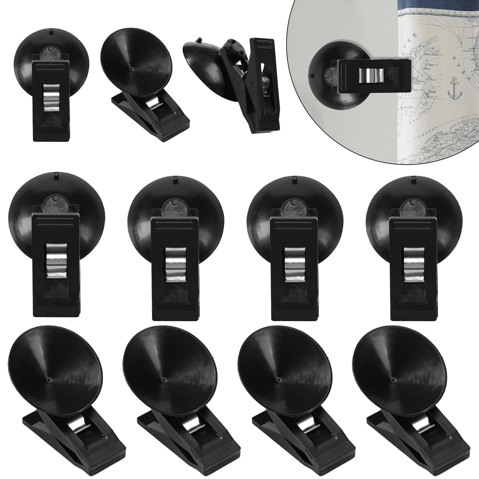 Photo 1 of Kabquluz 12packs Suction Cup Shower Curtain Clips, Windproof Guard Splash Clips for Wall,Curtain Clips to Hold Curtains Closed (Black)