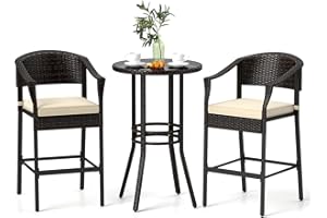 Tangkula 3-Piece Patio Rattan Bar Set, Wicker Bar Height Armchairs & Round Table w/Tempered Glass Top, Cushioned High Top Bistro Furniture with Footrest, for Backyard, Poolside, Porch