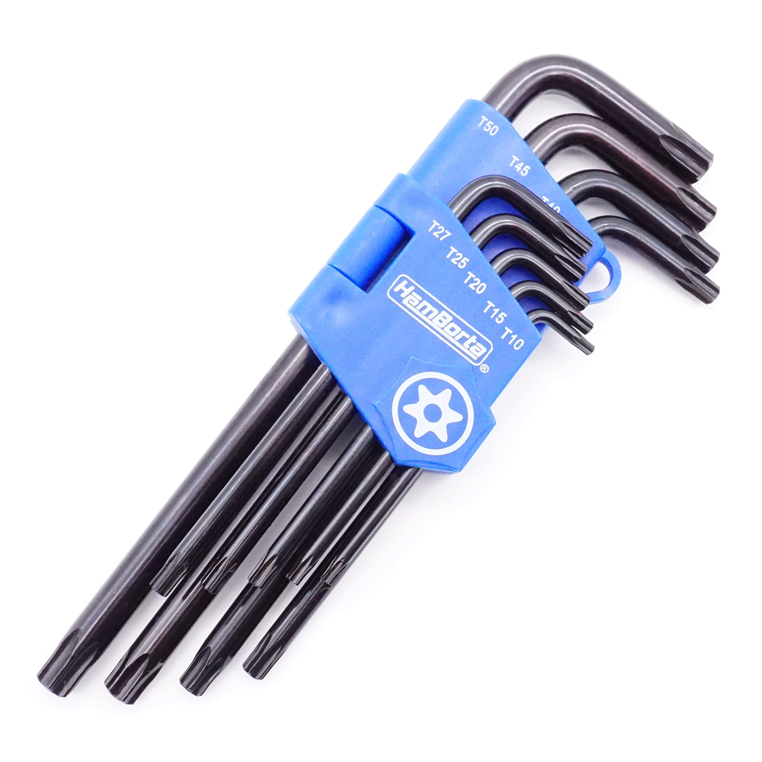 HemBorta® Security Torx Key Set 9pcs Torx Allen Key Set T10-T50 Long Star Keys, Tamper Proof Star Key Wrench Set with Holes on Both Ends T10, T15, T20, T25, T27, T30, T40, T45 & T50, CRV Steel