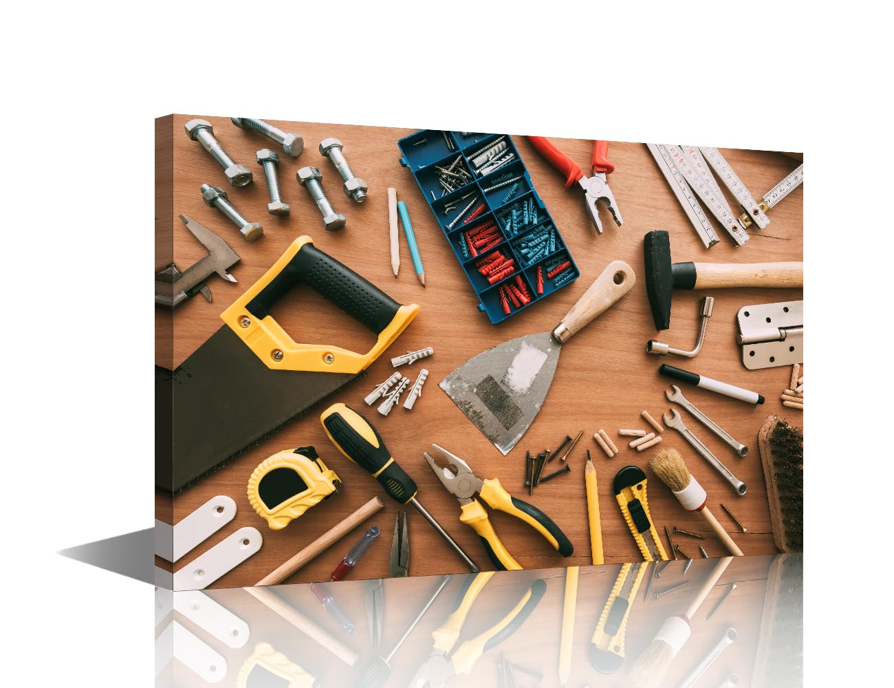 Photo 1 of 1 Panels Wall Art for Office Assorted Woodwork Carpentry or Construction Tools Top View Construction Instruments Background Picture Canvas Print Artwork Home Study Repair Shop Wall Decor ((16"Wx24"H)