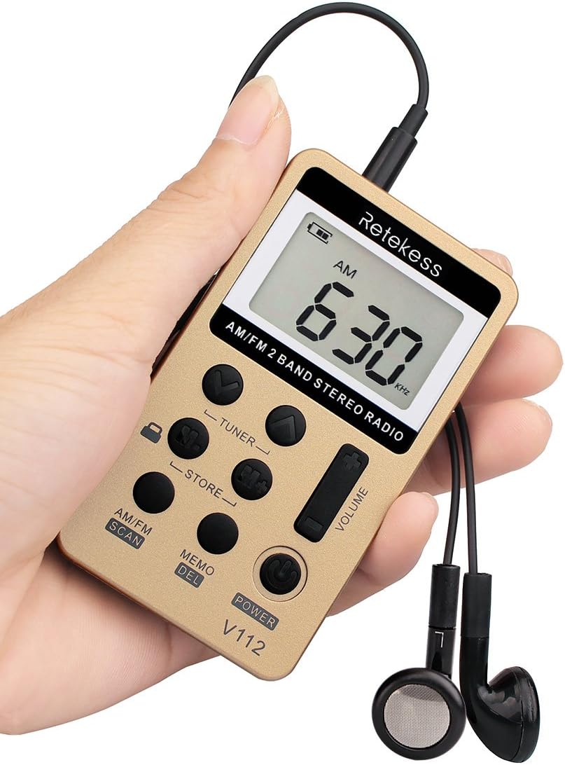 Retekess V112 AM FM Radio Portable Mini Radio with Earphone Pocket Digital Tuning Rechargeable Battery LCD Display for Walking Jogging(Gold)