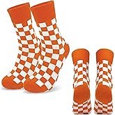 LAZZPPO 2 Pairs Checkerboard Orange & White Women's Socks, Cotton Spandex Ladies Apparel, Youth Socks, Gift for Tennessee Fans and Alumni(Sizes 5-10)