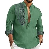 2024 Linen Shirts for Men Henley Long Sleeve Casual Banded Collar Button Vintage Beach Hawaiian T Shirt