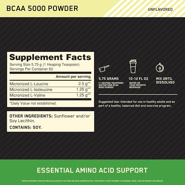 OPTIMUM NUTRITION INSTANTIZED BCAA POWDER, UNFLAVORED, KETO FRIENDLY BRANCHED CHAIN ESSENTIAL AMINO ACIDS POWDER, 5000MG, 60 SERVINGS (PACKAGING MAY VARY)