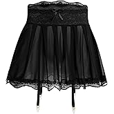 Men's Sissy Crossdressing Lingerie Sheer Mini Skirt with Garters Belt Strappy Lace Trim Tulle Micro Skirts Underwear