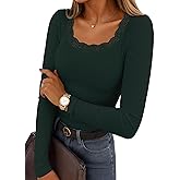 IWD Womens Long Sleeve Tops Casual Slim Fit T-Shirt Lace Crew Neck Ribbed Knit Shirts 2025 Fall Trendy Going Out Basic Tee
