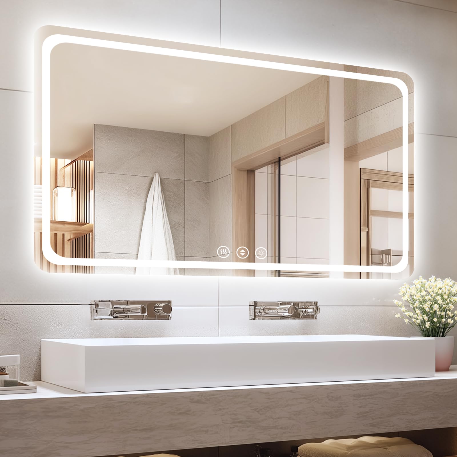 Photo 1 of 55" x 36" Led Bathroom Mirror with Lights, Anti-Fog & Tri-Color Lighting - Wall Mounted Shaving Mirror with Touch Sensor, Waterproof & Smart LED Vanity Mirror,Tempered Glass, Dimmable Smart Mirror