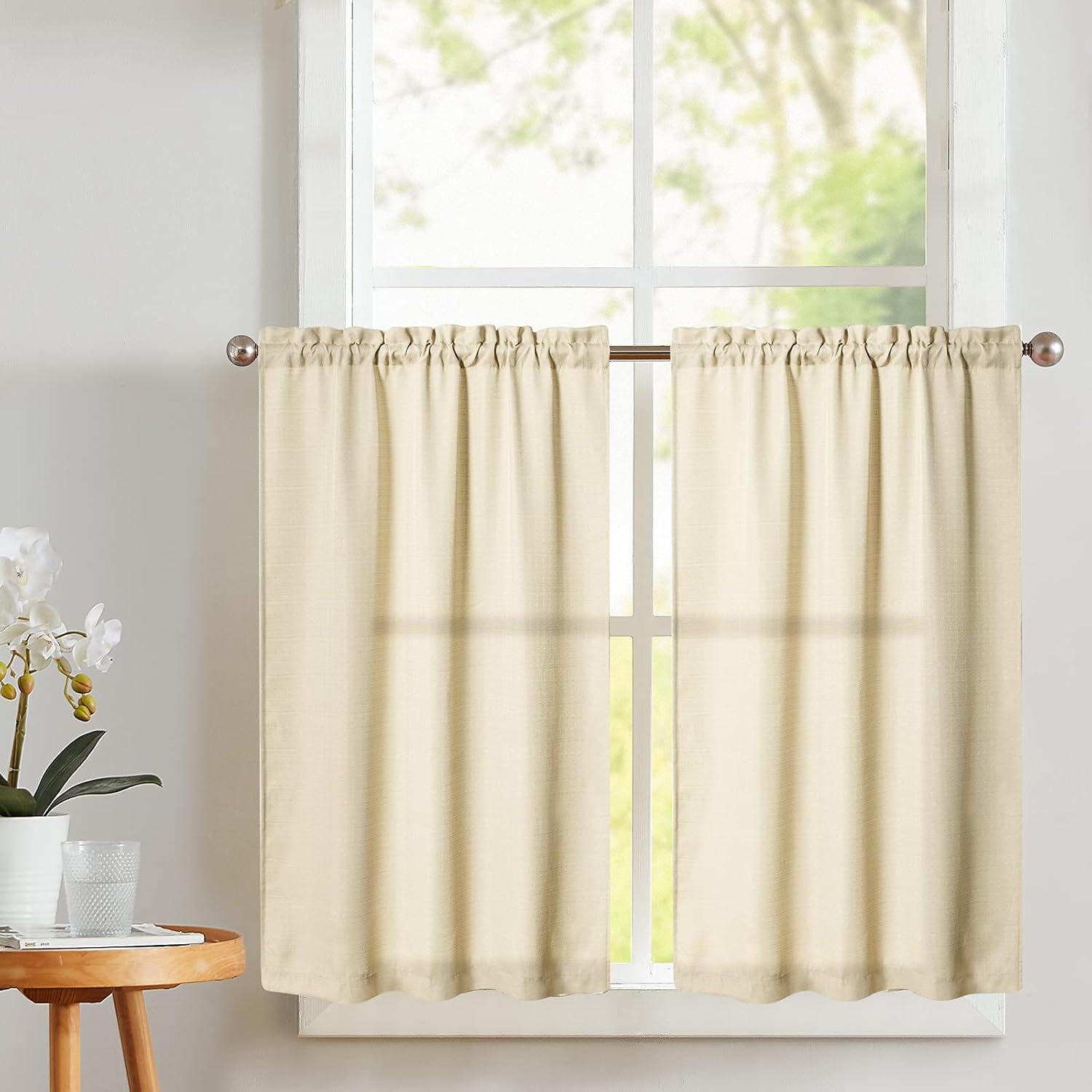 Vangao Kitchen Tier Curtains 24 inch Rod Pocket Half Window Curtain Casual Weave Textured Cafe Curtain Semi Sheer Short Curtain for Bathroom Bedroom 2 Panels W68xL24|Set Beige